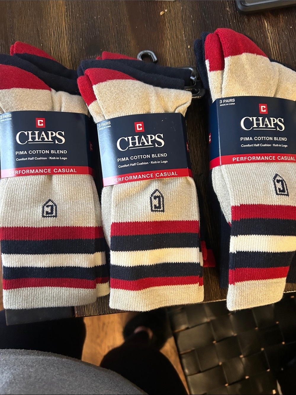 Chaps Men’s Crew Socks in Red, Navy & Cream Stripes